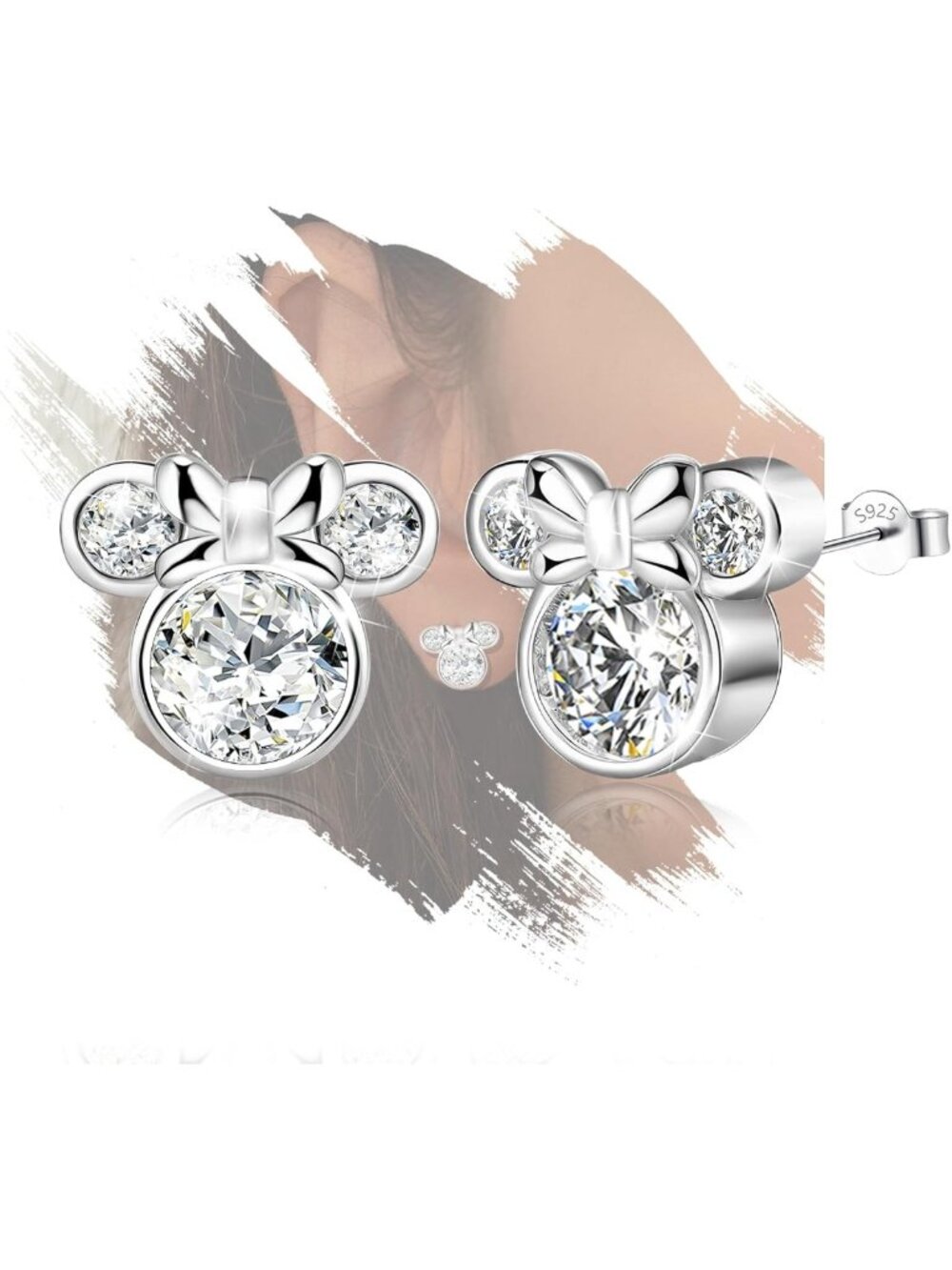 Cute Mouse Design White Gold Plated Sterling Silver Bow Stud Earrings, CZ